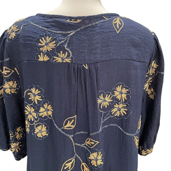 Ana & Rose Navy Blue Embroidered Floral Blouse XL Gold Stitching Boho Chic - Picture 10 of 10